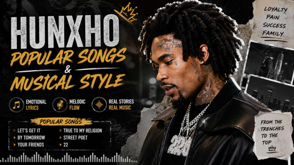 Hunxho feature image highlighting his popular songs, musical style, emotional lyrics, and melodic rap journey.