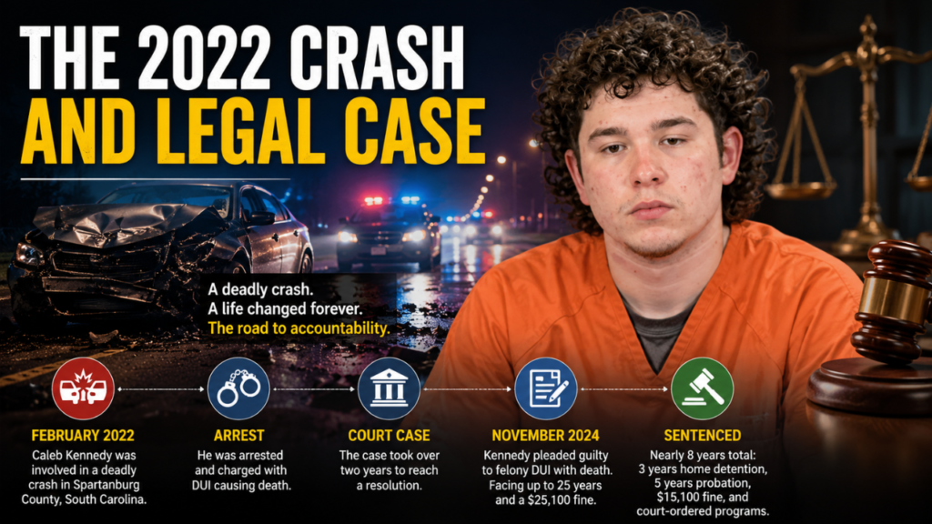 Illustration depicting the 2022 crash and legal case involving Caleb Kennedy, with a damaged car, courthouse symbols, and a legal timeline.